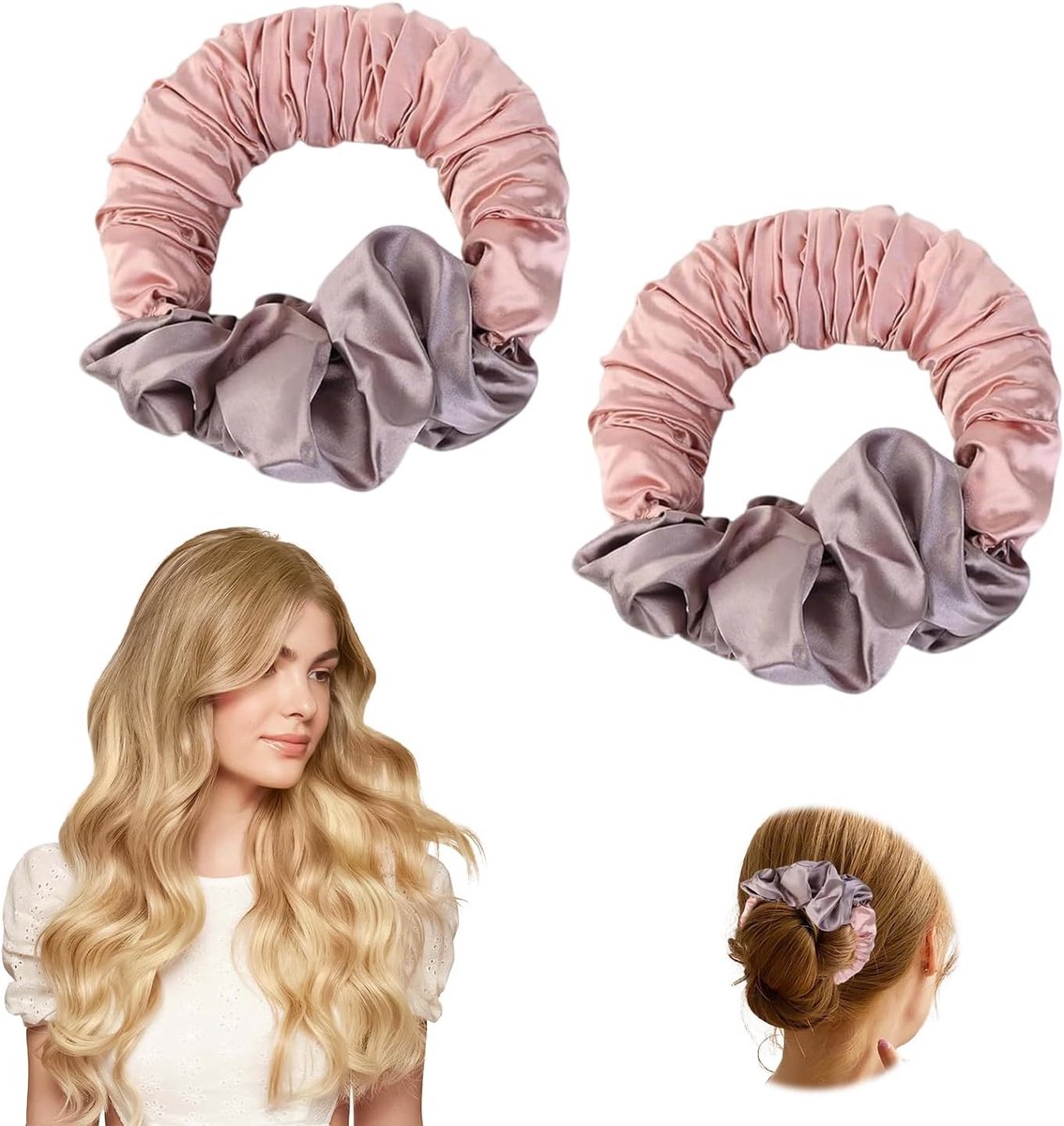 Thijox - 2 Stuks Hittevrije Krullen Haarelastiekjes voor Dames, Satijnen Scrunchies voor Gemiddeld en Lang Haar, Roze, Perfect voor Nachtelijk Gebruik