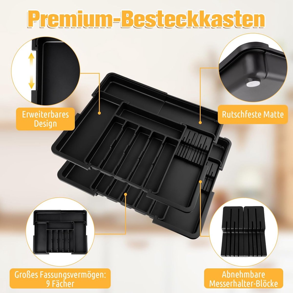 Thijox - Set van 2 Bestekbakken voor Keukenladen 56x48 cm - Verstelbare Besteklade Organizer met Messenblok - Keukenaccessoire voor Bestek, Koken, Org
