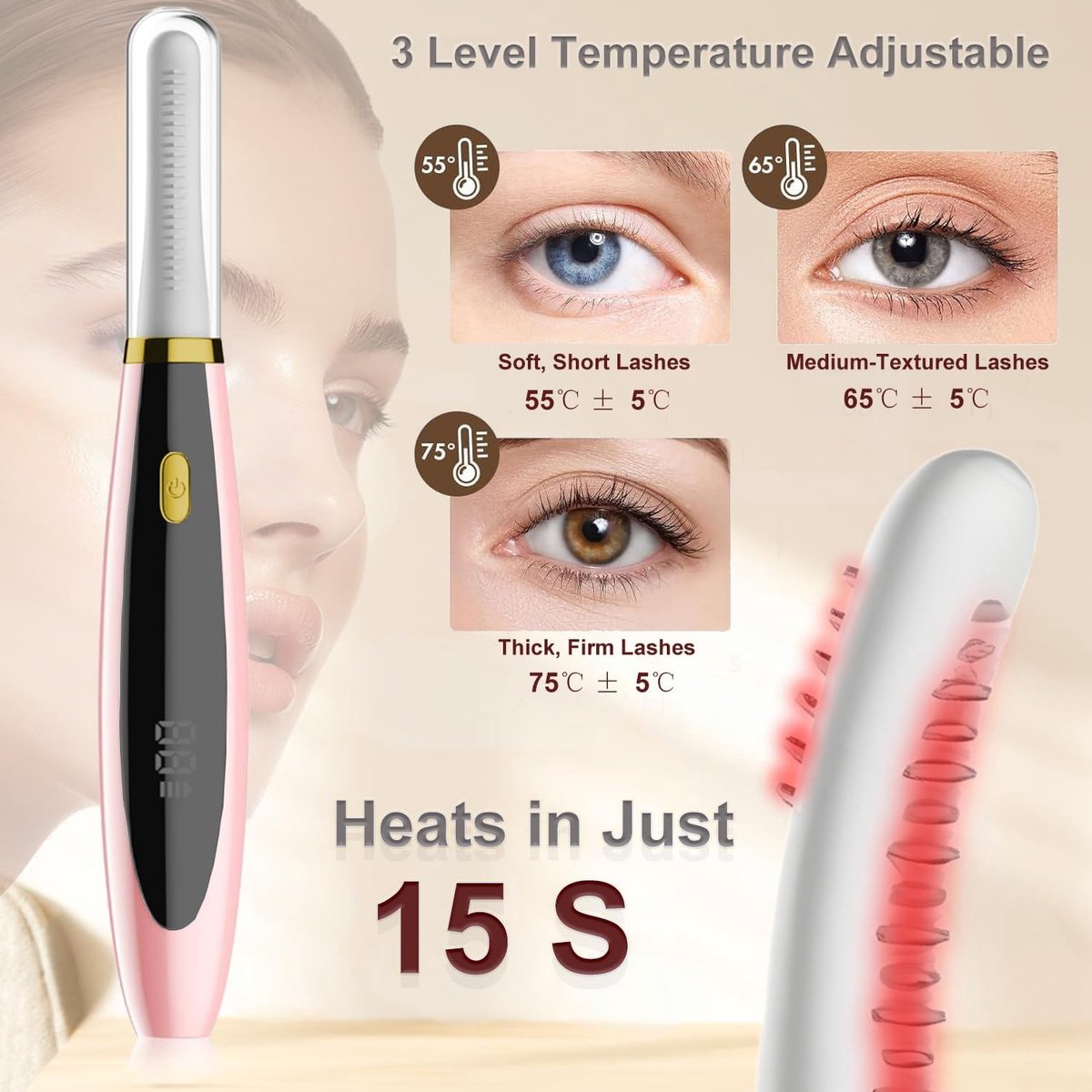 Thijox - Verwarmde Wimperkruller, Elektrische Wimperkruller met Slimme Temperatuurregeling, Snelverwarmend, Siliconen Wimperkam, Voor Alle Wimpers, US