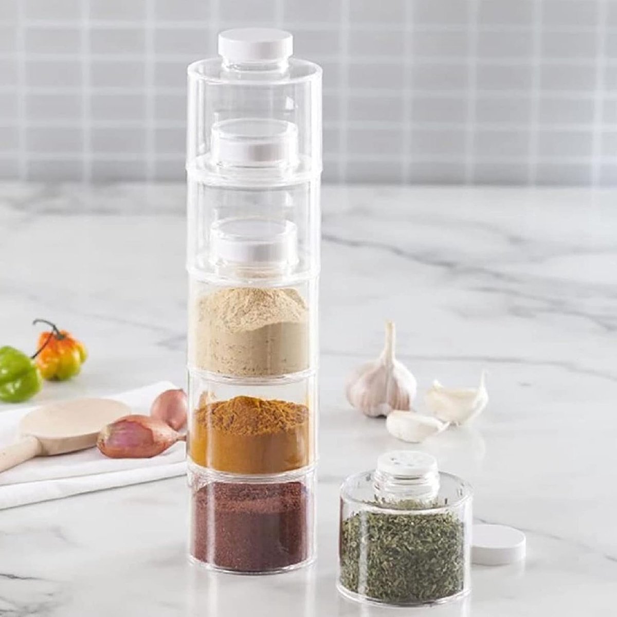Thijox - Draagbaar Kruidenrek met 6 Stuks Transparante Kruidenpotten, Stapelbare Kruidenopbergdoos voor Keuken, Lichtgewicht en Stevig, Perfect voor O