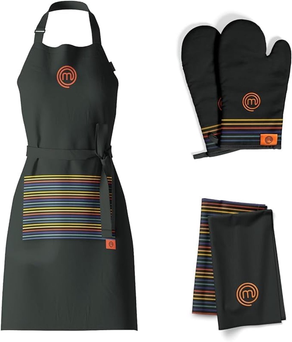 SnelShoppen - MasterChef Textiles Cadeauset x3 - Hittebestendig Keukenschort en Ovenwanten, 100% Katoen, Veelkleurig, Machinewasbaar, Theedoeken met O