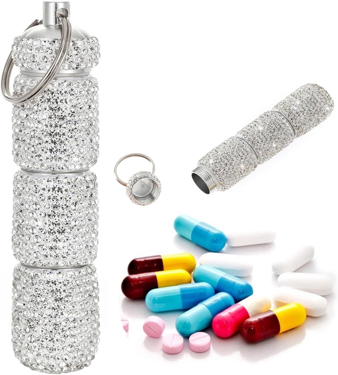 Draagbare pillenkoker met sleutelhanger, waterdichte pillencontainer voor vrouwen, herbruikbare aluminium pillenfles met strass en glitter voor onderweg