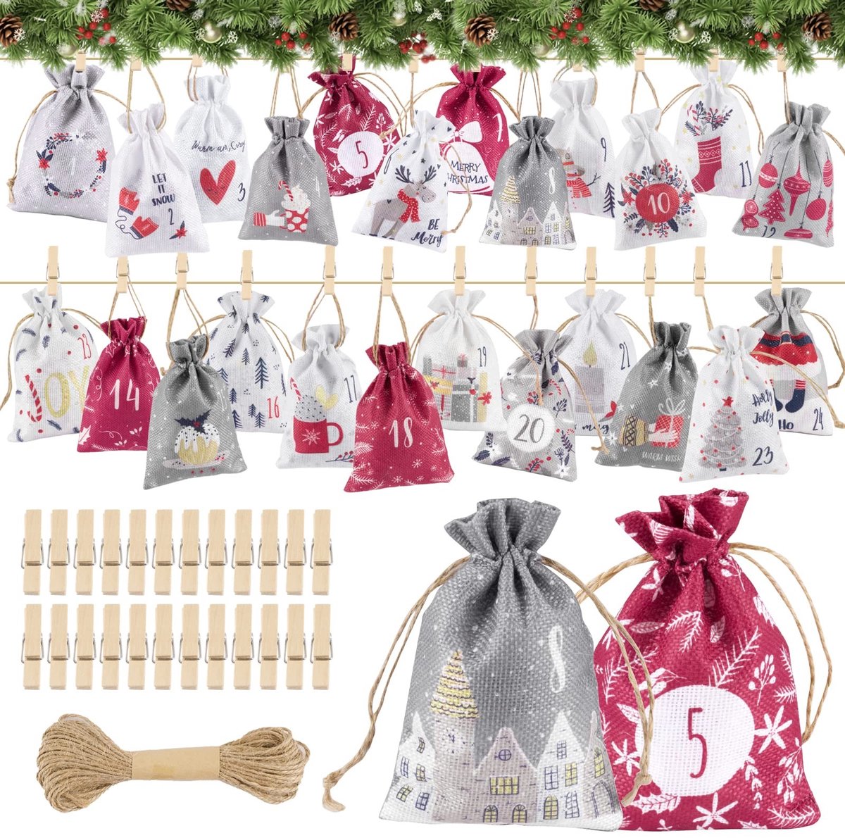 Inovra- Adventskalender 2025 - 24 stuks linnen zakjes - Cadeauzakjes Kerstmis - Houten klemmen - Jute koord - Herbruikbaar en robuust