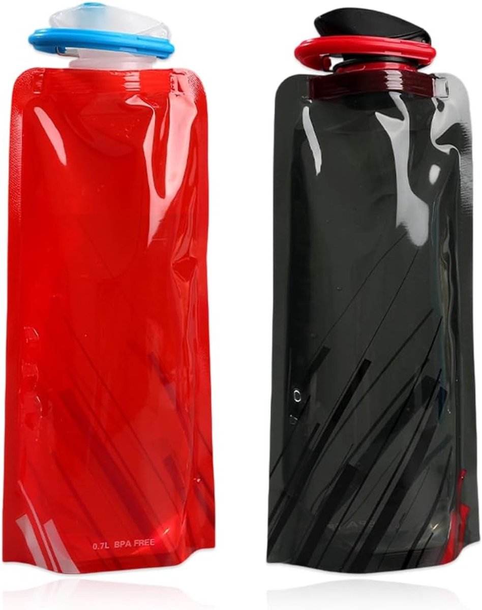 Thijox - Opvouwbare Drinkfles 700 ml - Lekvrij, BPA-vrij, Foodgrade Kunststof - Set van 2 - Rood en Zwart voor Wandelen, Kamperen, Reizen en Festivals