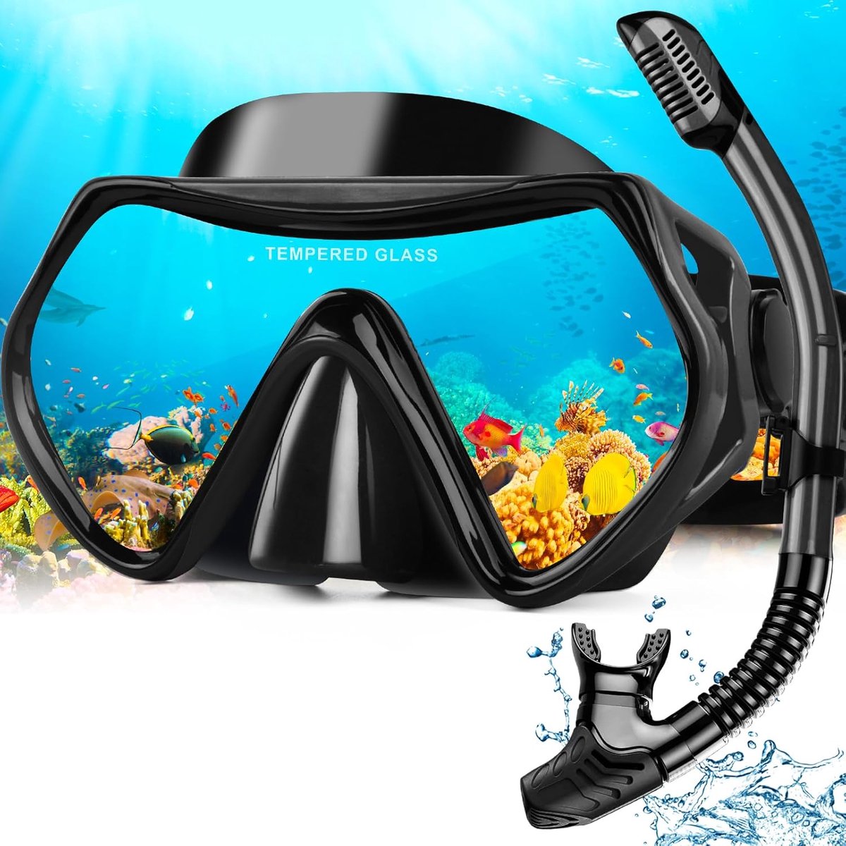 Thijox - Snorkelset Volwassenen 180° Panoramisch Anti-Condens Duikmasker met Droog Bovenventiel - Lekvrij Geharde Glas Snorkelset met Verstelbare Band