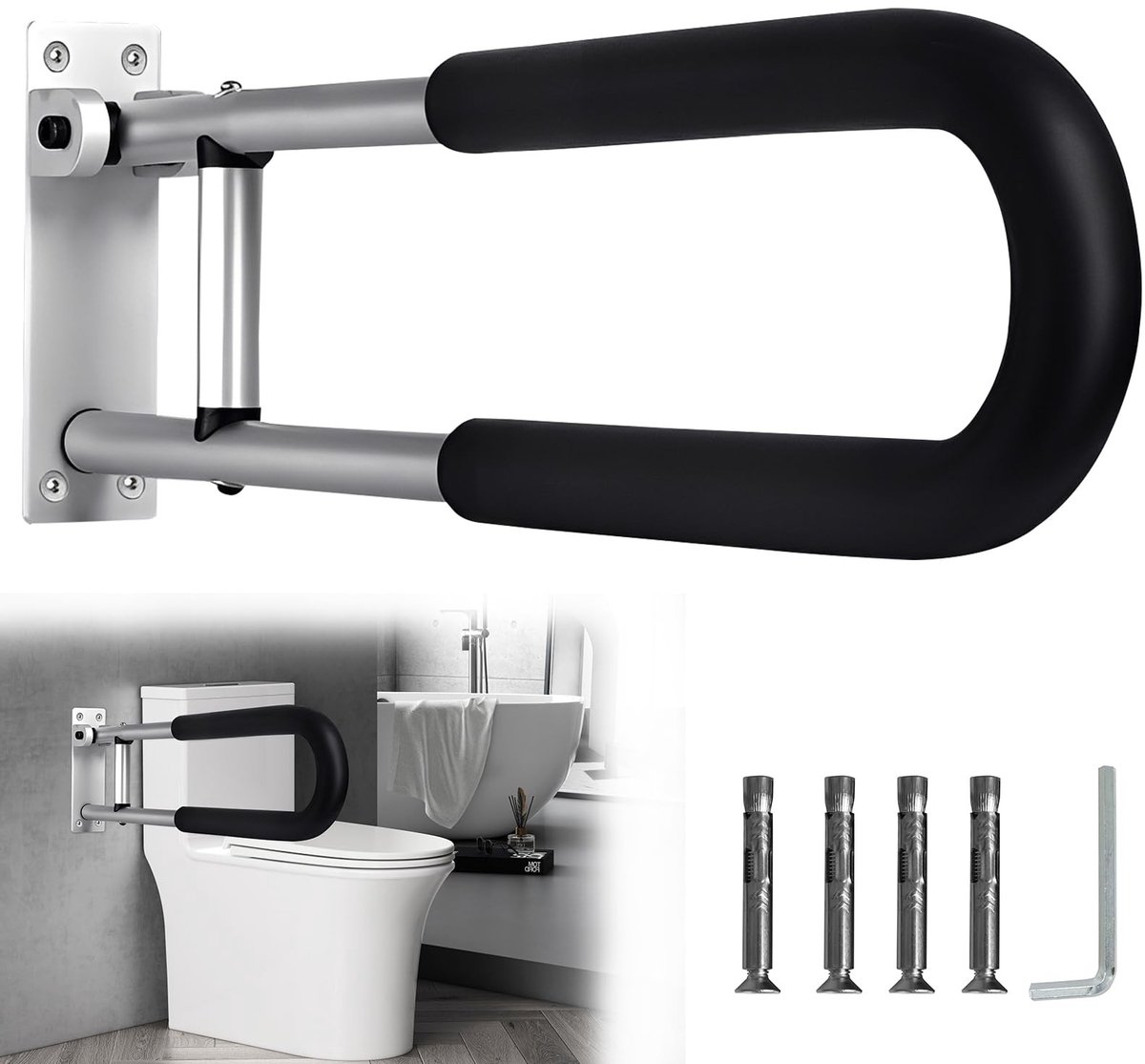 Inovra- Toiletgreep Opvouwbaar 90° - Antislip Ondersteuning - Handgreep Badkamer - Handgreep voor Gehandicapten - Belastbaar tot 120 kg - Ruimtebesparend Ontwerp
