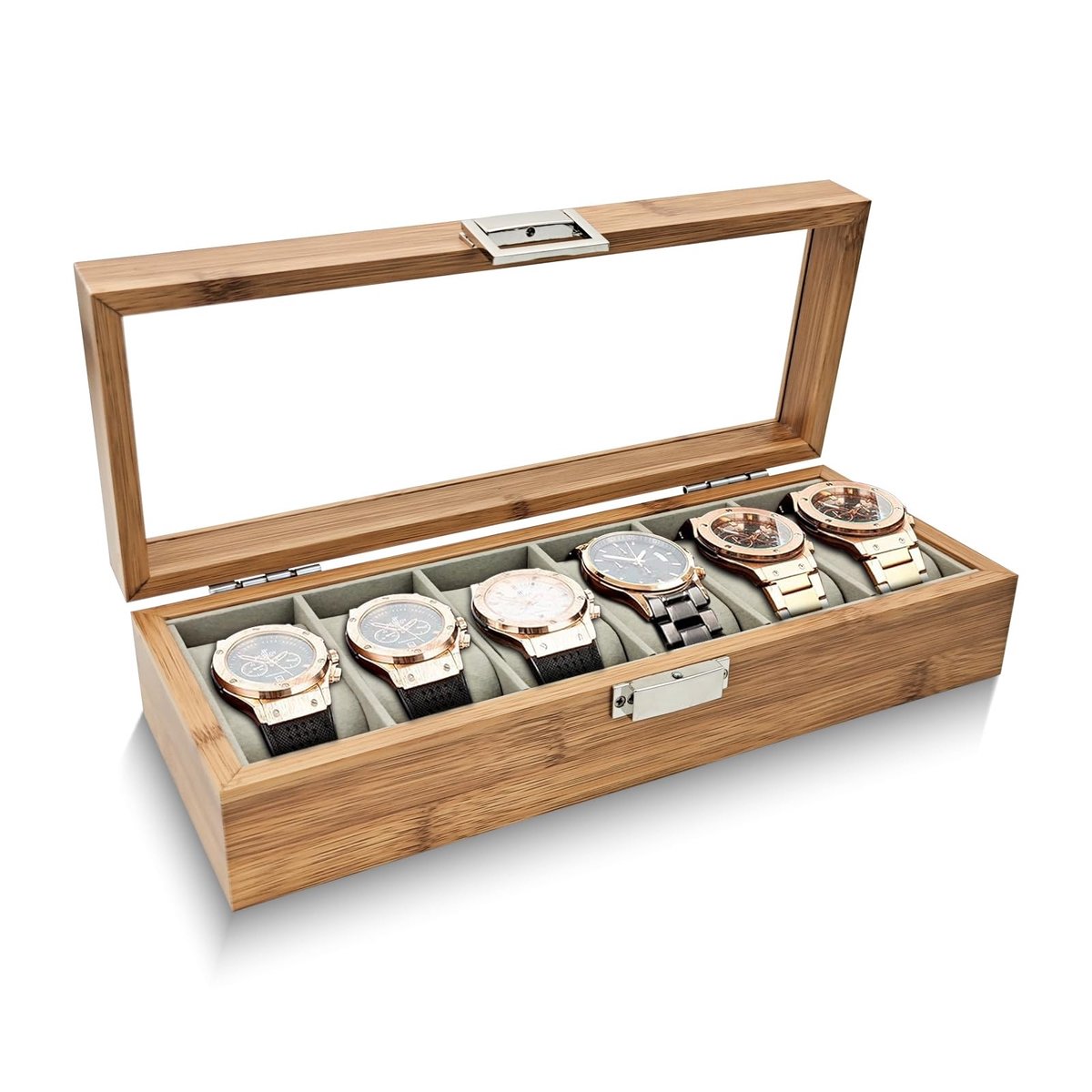 Dailygoods- Horloge Doos 6 Slots - Houten Horloge Houder - Retro Horloge Box - Horloge Opslag - Verwijderbare Padding - Hout/Metaal/Flanel - Horlogeopslag