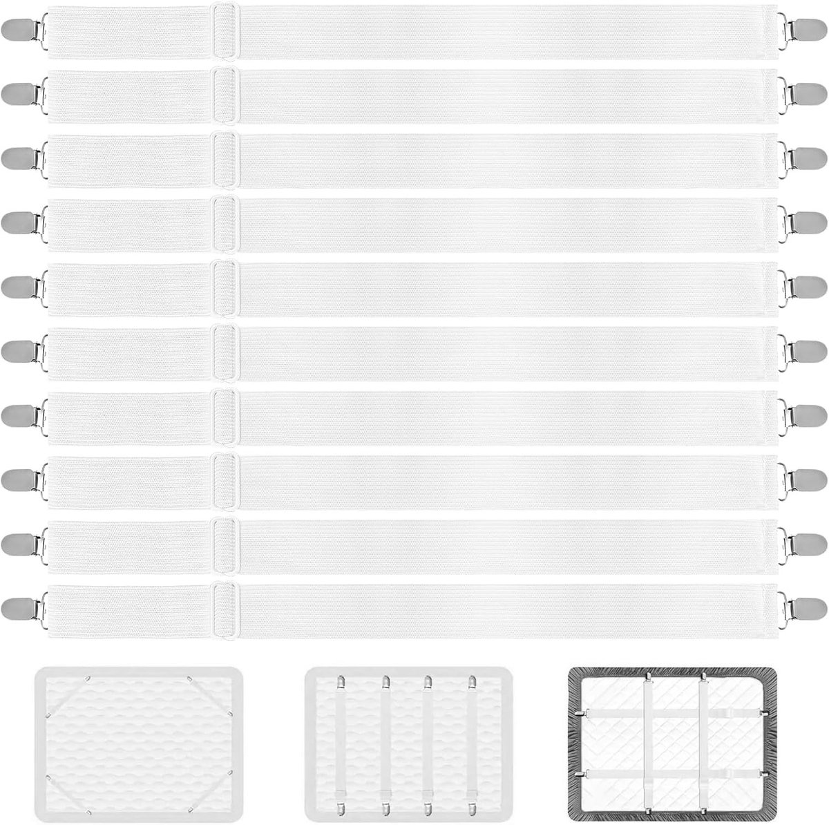 Verstelbare Bedlinnen Spanner met Clips - 10 Stuks, Elastische Hoeslaken Tensioners voor Matras, Sofa en Strijkplank, Wit
