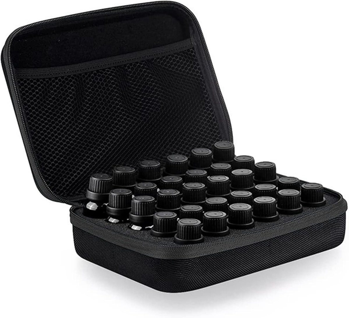 Waterdichte opbergdoos voor essentiële oliën met 30 gaten, EVA tas voor aromatherapie, nagellak en flesjes van 5ml, 10ml en 15ml, zwart en eenvoudig ontwerp