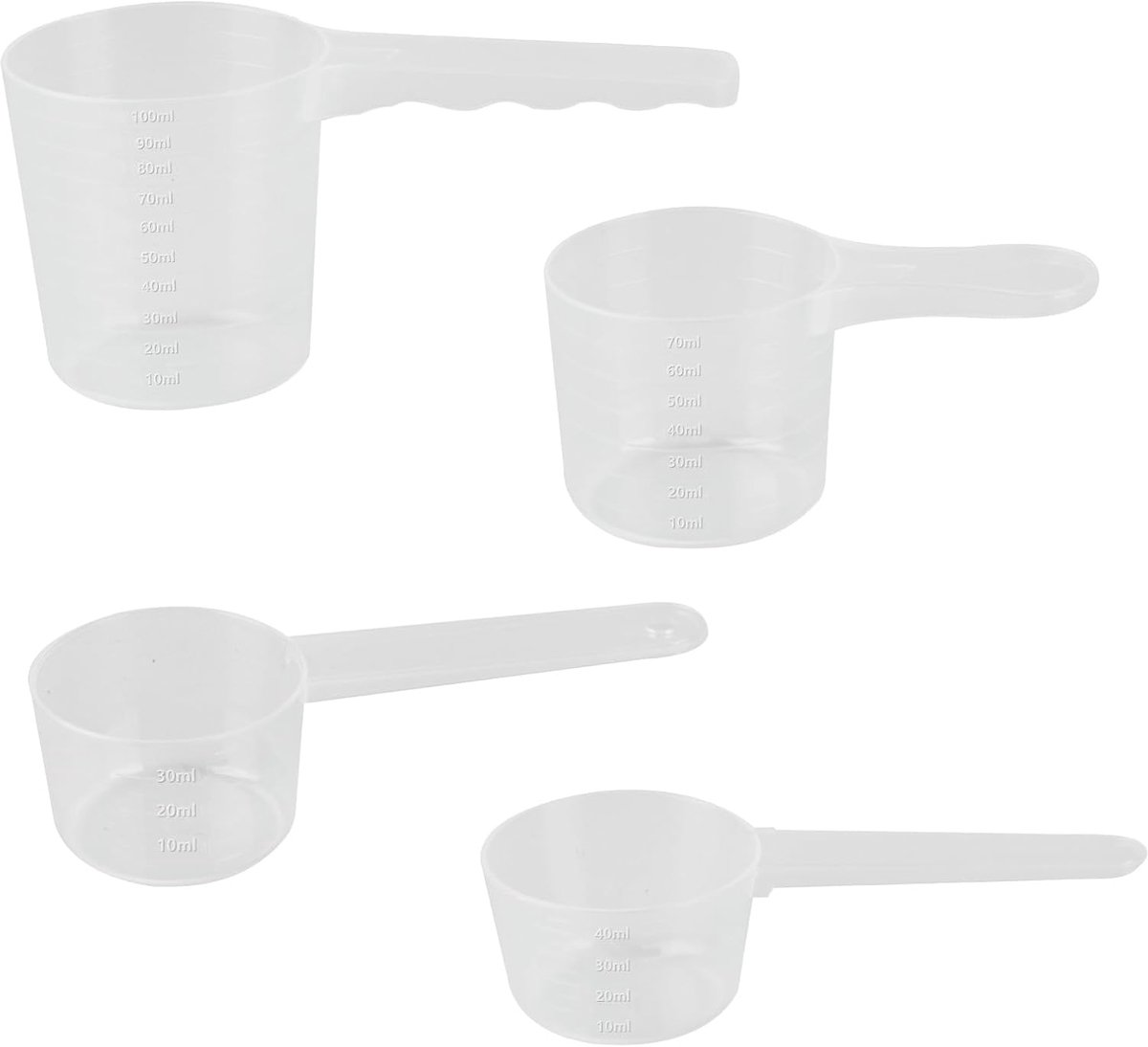 SnelShoppen - 4 x Meetlepels - 40 ml, 50 ml, 70 ml, 100 ml - Transparant Plastic - Perfect voor Poeders, Eiwit, Meel - Keukenaccessoire