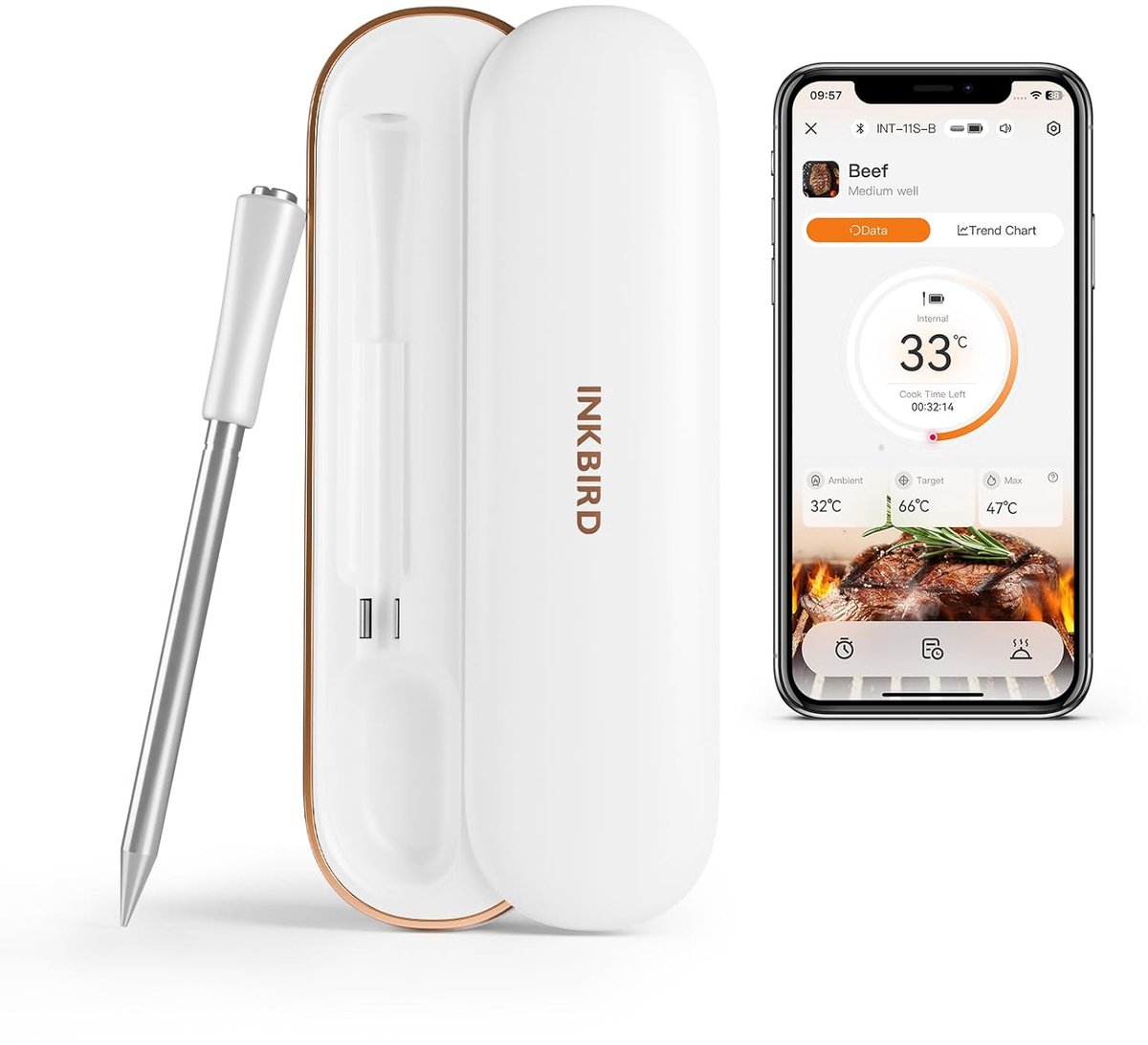 Thijox - Bluetooth Draadloze Vleesthermometer - Ultra Nauwkeurige Multisensor Vleesprobe met Temperatuuralarmen en Kooktijdindicator - Ideaal voor BBQ