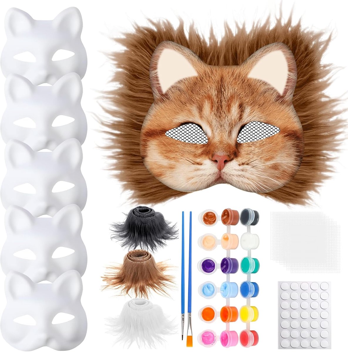Katmasker set 6 stuks - met ogen, mesh en bontbaard - DIY blanke maskers - ideaal voor knutselen - SnelShoppen