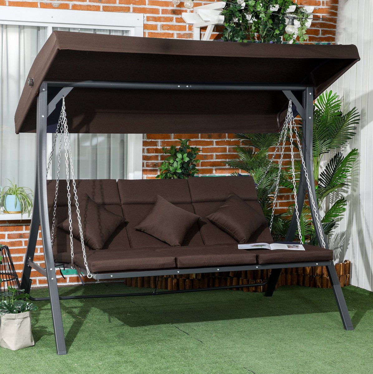 MEUNIQ schommelbank 3-zits 198 x 118 x 168 cm met verstelbaar zonnedak en kussens, metalen tuinbank voor ontspannen zitten in tuin of op terras, bruin