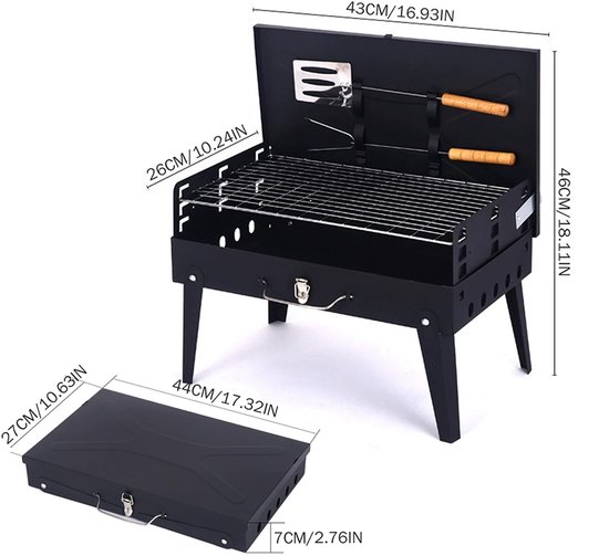 Buiten BBQ Grill - Opvouwbare BBQ Grill - Houtskool BBQ Grill - Inclusief BBQ Gereedschapsset - Draagbare BBQ Grill - Geschikt voor kamperen, buitenactiviteiten of vakanties - Roestvrij staal - Familiefeesten - Zwart — afbeelding 5