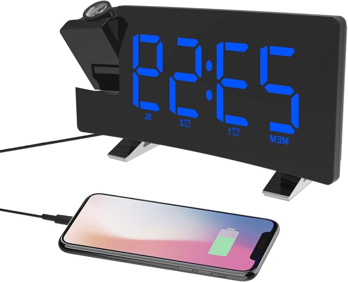 Projectie Wekker - Digitale Klok Radio - Wakker Worden - Verstelbare Helderheid - 8 Inch Display - Blauw