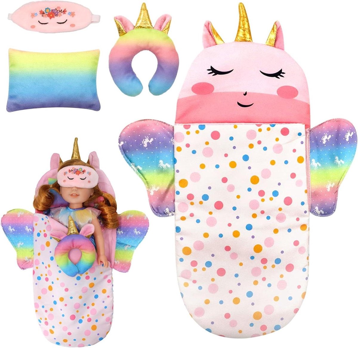 Poppenslaapzak Set - Poppenaccessoires - Poppenverzorging Spel - Compleet met kussens - 25-38 cm poppen - Multicolor