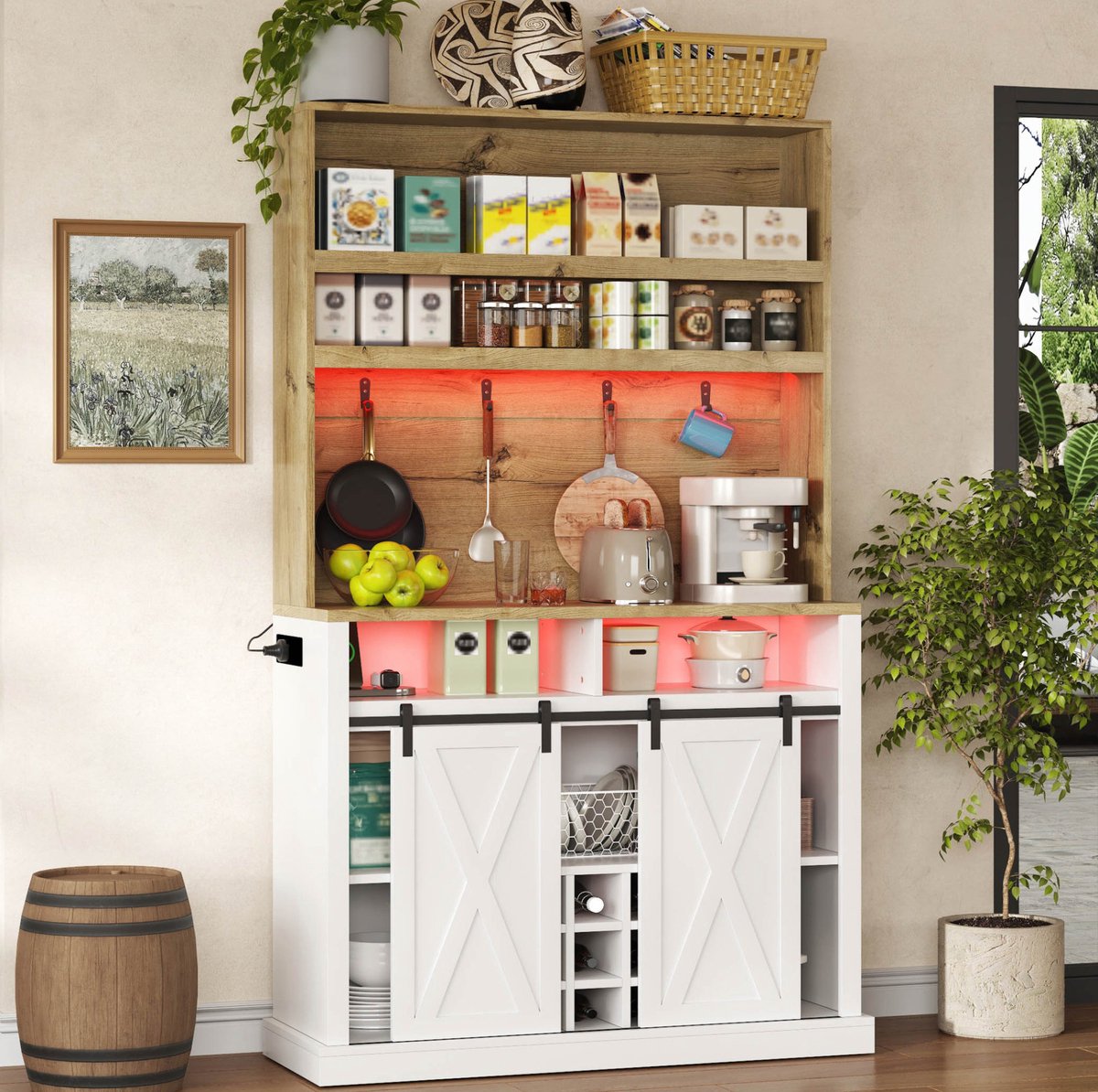 MIVRAY Keukenkast - Hoge Opbergkast Met Led, Stopcontact En Haken - Voor Keuken En Eetkamer - Mdf - Natural White - 110x40x191 Cm