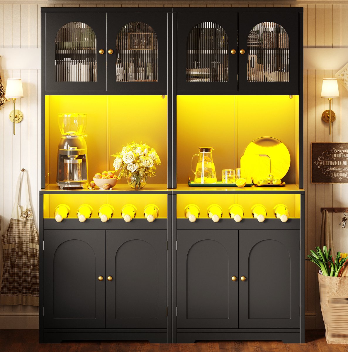 MIVRAY Buffetkast Set Van 2 Met Glazen Deuren En App Rgb Verlichting Voor Keuken En Eetkamer Van Mdf En Metaal Zwart 140 X 38,3 X 180 Cm