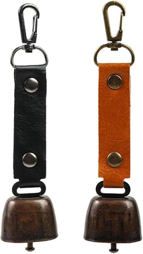Twee berenwaarschuwingsbellen met PU leren bandjes, één zwart en één oranje, met metalen karabijnsluiting.