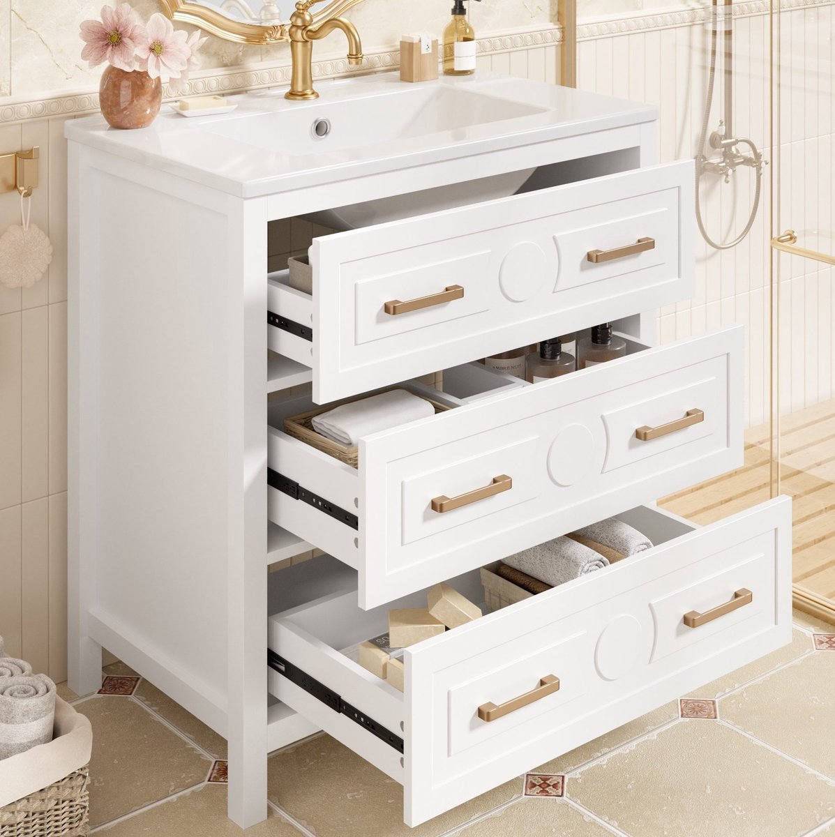 STILVORA Badkamermeubel - Staand Met Keramische Wastafel En 3 Lades - Voor Badkamer - MDF En Keramiek - 76,5x47x82 Cm - Wit