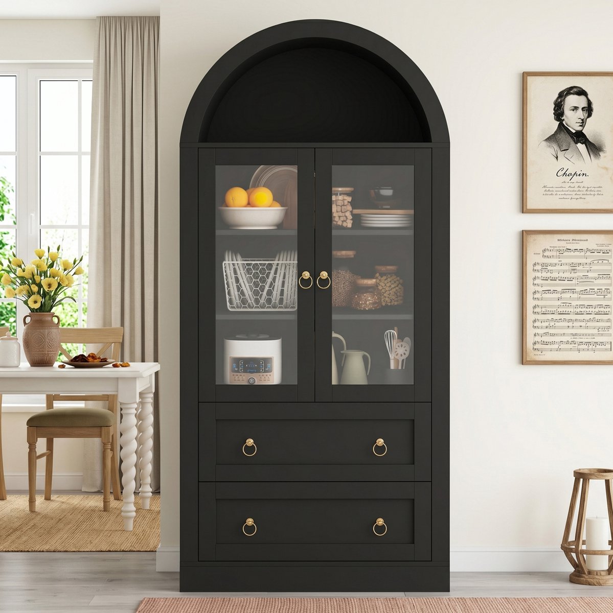 MIVRAY Dressoir - Boogvormige Opbergkast Met Glasdeuren En 2 Lades - Voor Keuken En Woonkamer - Spaanplaat - 80x36x170 Cm - Zwart