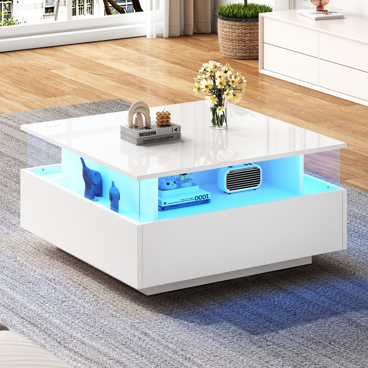 HAUSS SPOLE Salontafel - Hoogglans Met Ledverlichting En 2 Lades - Voor Woonkamer Met Presentatievak - Spaanplaat - 70x70x41 Cm - Wit
