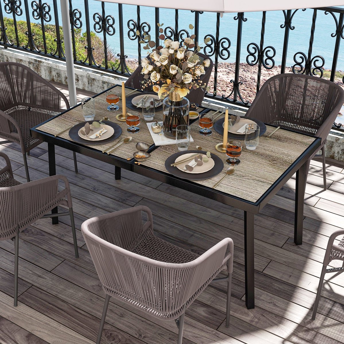 MEUNIQ tuintafel 145 x 85 cm rechthoekige eettafel voor 6 personen met kunststof tafelblad in houtlook en stalen frame voor tuin, balkon en terras grijs