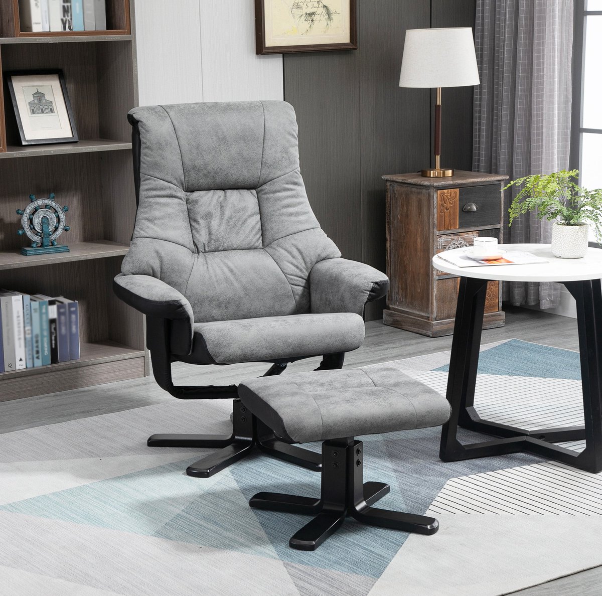 MEUNIQ relaxfauteuil met hocker 78 x 82,5 x 109 cm, 360 graden draaibare fauteuil met handmatige ligfunctie tot 135 graden, microvezelstof grijs