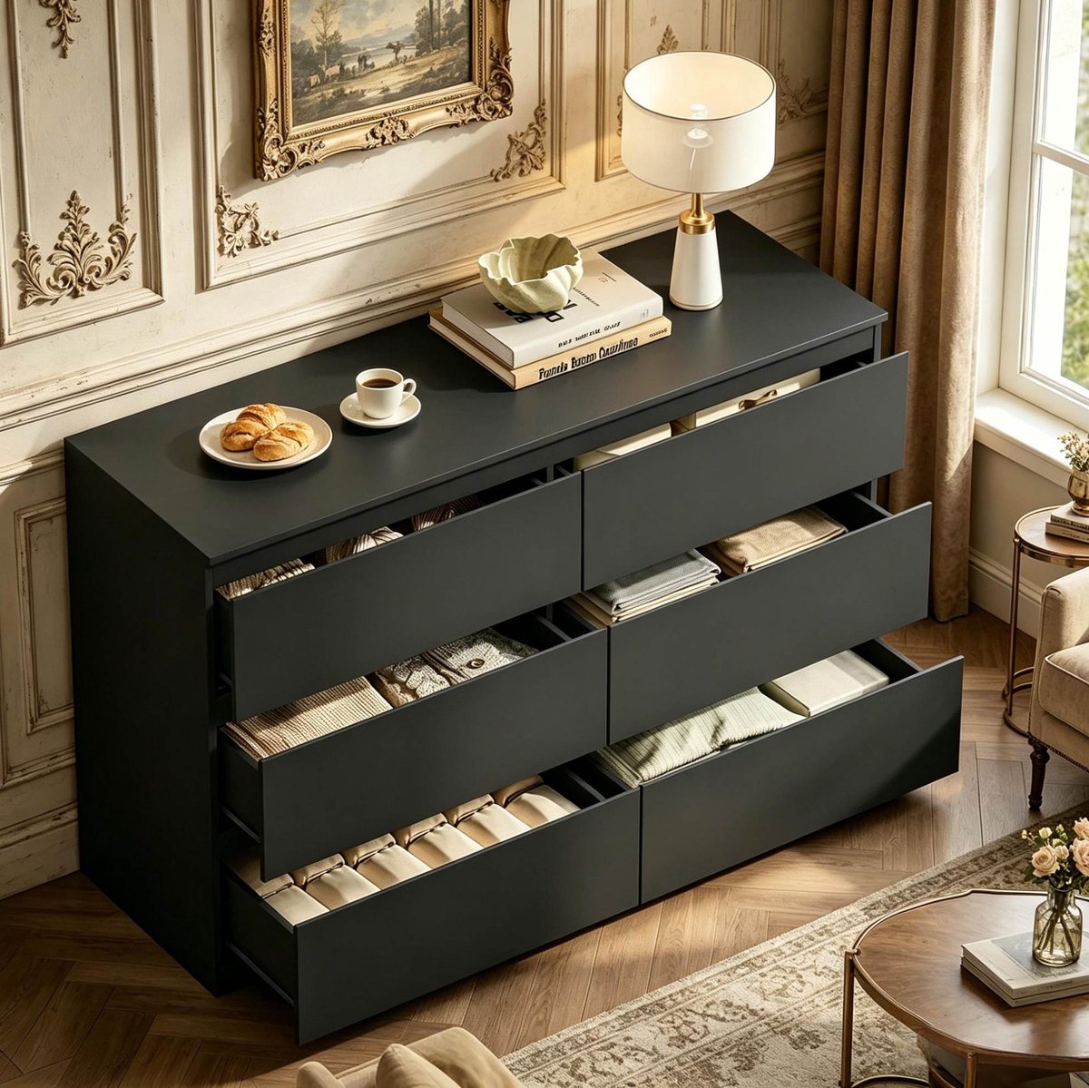 MEUNIQ dressoir met 6 lades 120 x 40 x 75 cm vrijstaande kast met opbergruimte voor woonkamer, slaapkamer, hal of thuiskantoor, zwart