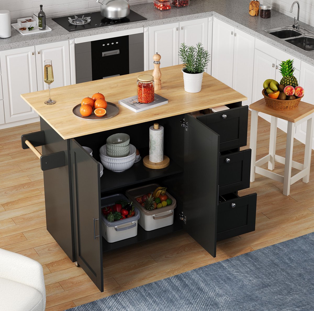 DESMIU Keukenkast - Mobiel Keukeneiland Met Klapbaar Werkblad - 3 Lades En 2 Deuren Voor Keuken En Eetkamer - MDF - 135x44x90 Cm - Zwart Naturel