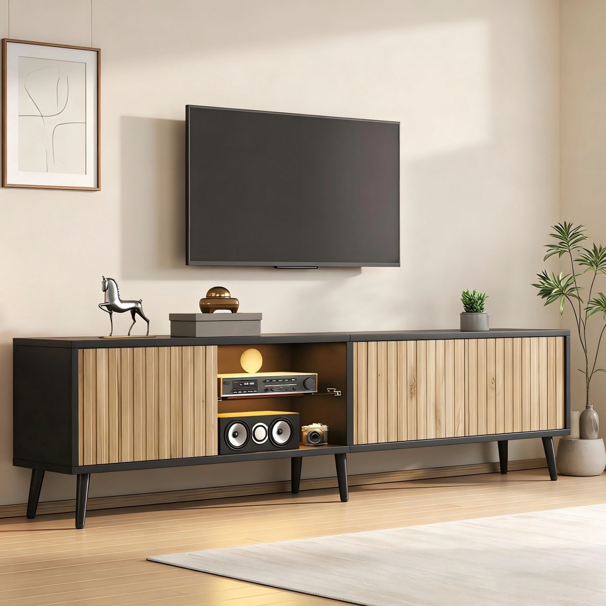 MEUNIQ TV-meubel 175 x 31 x 43,5 cm met LED-verlichting, 3 deuren, halfopen vak met veiligheidsglas, 6 poten, geschikt voor ca. 75 inch, naturel en zwart Naturel hout