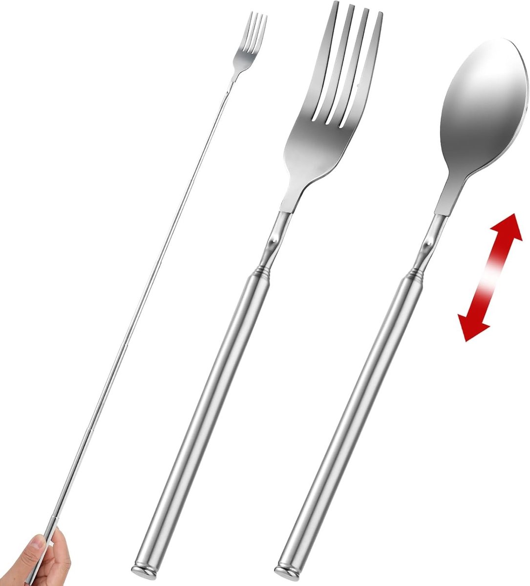Uitschuifbare vork en lepel set van roestvrij staal, verlengbare eetset tot 25 inch voor BBQ, fruit en dessert, ideaal voor buitengebruik