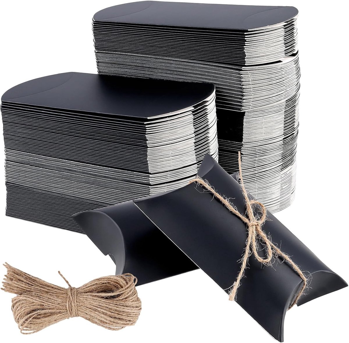 200PCS 13x9x3.5cm Zwarte Kussen Candy Dozen van Kraftpapier met Jute Touw, Kleine Dozen voor Verjaardag en Bruiloft, Feestdecoratie en Cadeauverpakking