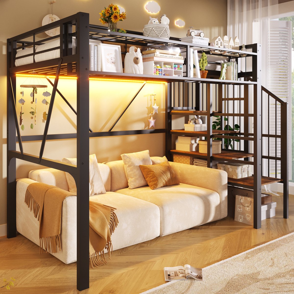 STILVORA Hoogslaper 90x200 cm – Met LED-Verlichting & Trapkast – Open Opbergruimte & Rasterrekken – Eenpersoonsbed Zonder Matras – Metaal En MDF – Zwart