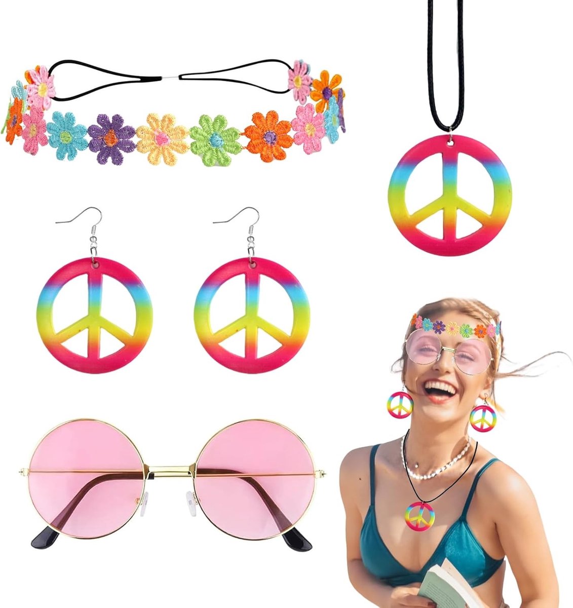 Hippie Kostuum Set met Ronde Zonnebril, Vredesketting en Regenboog Oorbellen voor Feestdagen en Carnavalsvieringen