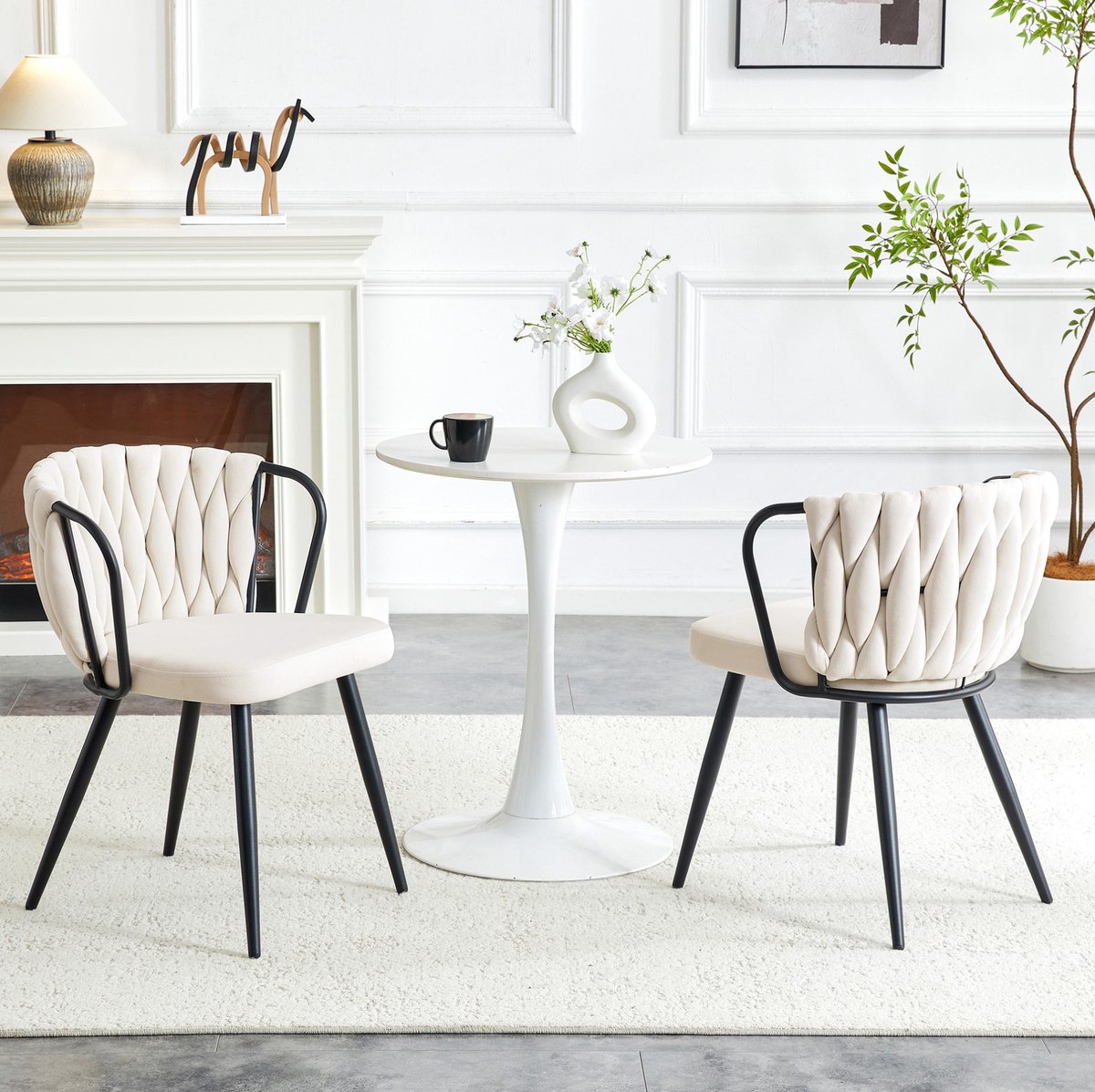 MIVRAY Eetkamerstoel 58 x 43 x 76 cm - Ergonomisch Met Gevlochten Rugleuning En Armleuningen - Voor Eetkamer En Woonkamer - Velvet Beige Zwart