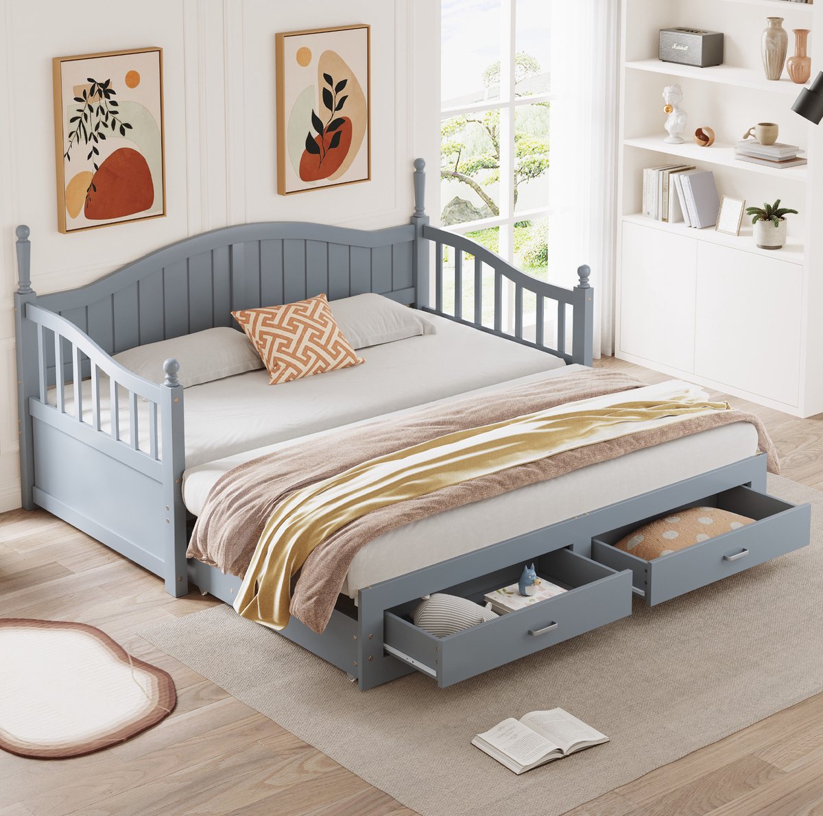 MEUNIQ uitschuifbare slaapbank 90x190/180x190 cm met 2 lades en lattenbodem, houten bedbank met gebogen rugleuning en armleuningen voor slaapkamer of logeerkamer, grijs