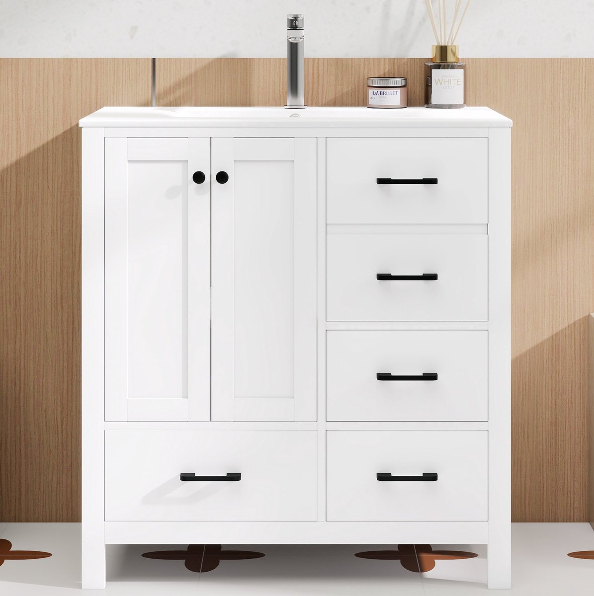 MIVRAY Badkamermeubel - Vrijstaand Wastafelmeubel Met Keramische Wastafel En 4 Lades - Voor Badkamer - MDF En Wit - 76x46x82 Cm