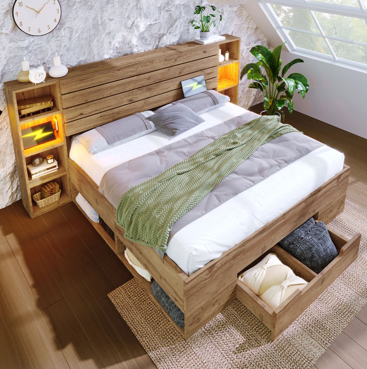 MEUNIQ Bedframe 180 x 200 cm met LED-verlichting, USB- en Type-C-aansluiting, opberghoofdbord en 2 lades, eiken