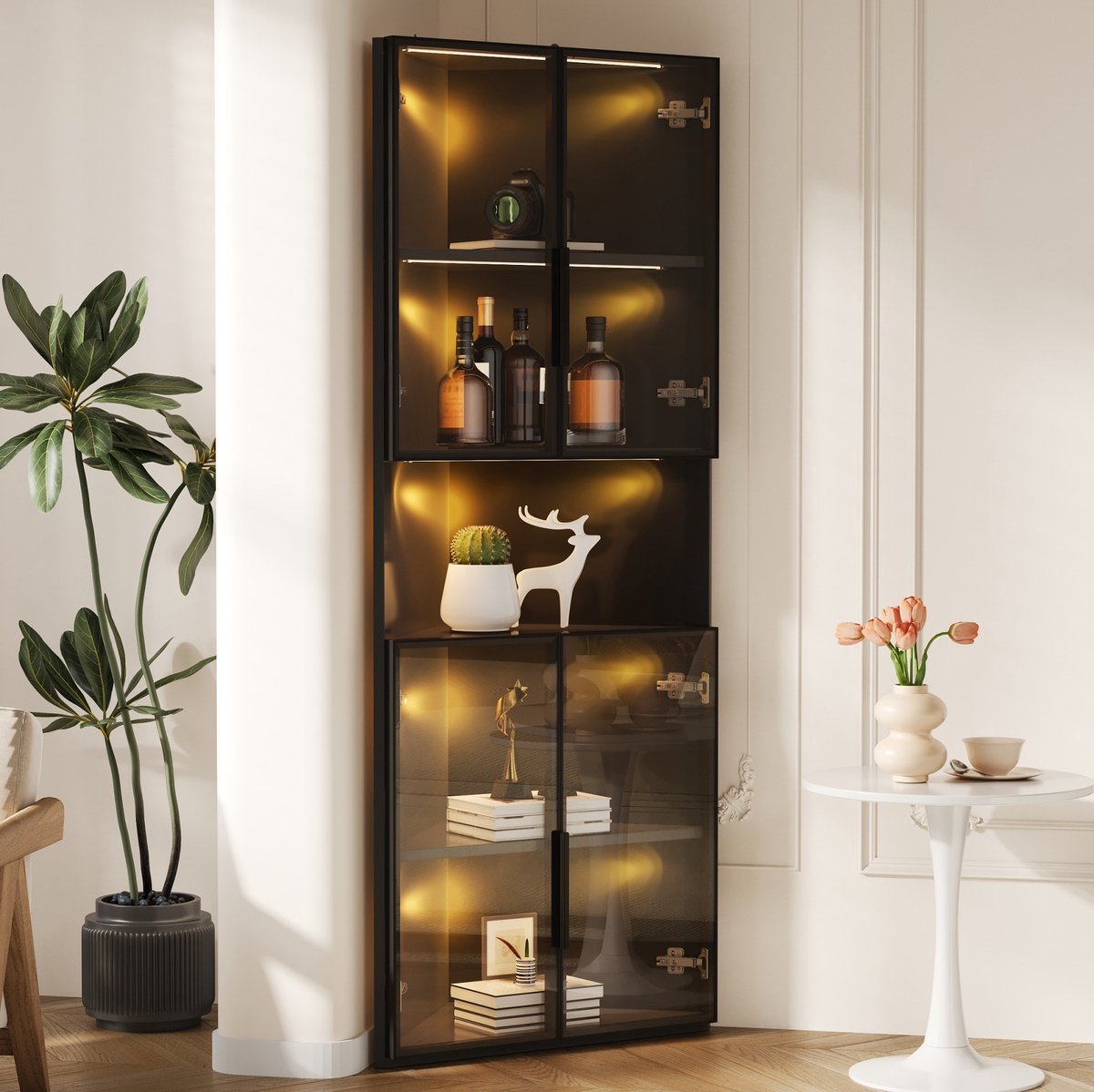MIVRAY Vitrinekast - Driehoekige Hoekkast Met LED Verlichting En Glasdeuren - Voor Woonkamer Of Kantoor - MDF - Zwart - 62x32x160 Cm