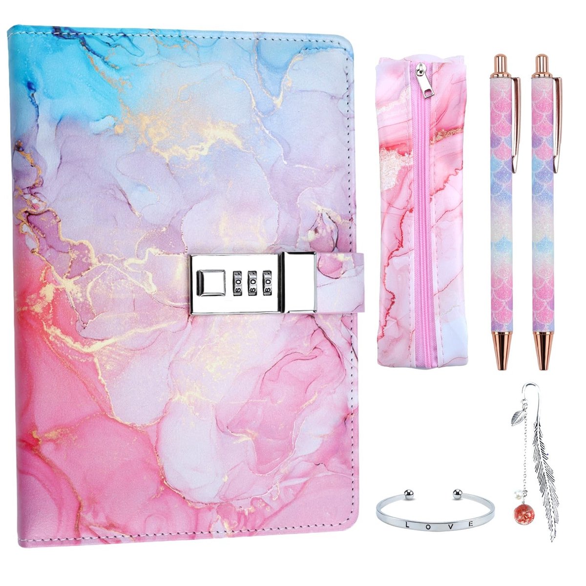 Dailygoods- Dagboek met Codelock - 6-delige Schrijfset - Pennen/Etui - Boeklegger/Armband - Creatief Cadeau voor Tieners 6-15 Jaar - Veilig en Stijlvol - Schrijfboek