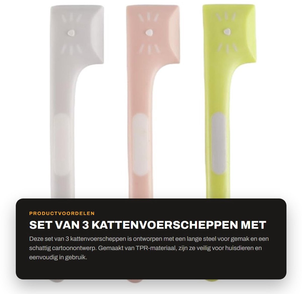 Dailygoods- Kattenvoerscheppen Set van 3 - Lange Steel - Vierkante Lepelkop - Duurzaam TPR - Veilig voor Huisdieren - Handig in Gebruik - Voerschep