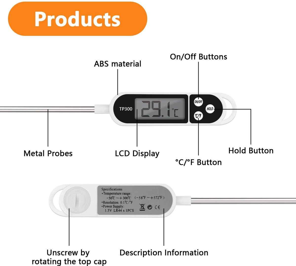 Dailygoods- Keukenthermometer Digitaal - Vleesthermometer - Keukenthermometer voor Vloeistof - Voedselthermometer - Meetbereik - Roestvrij Staal