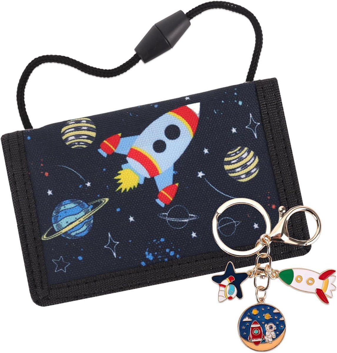SnelShoppen - Kinder Portemonnee Voetbal Design met Sleutelhanger, Groen en Zwart, Nektasje voor Jongens, Ruimte Thema, Praktisch en Modieus, Perfect