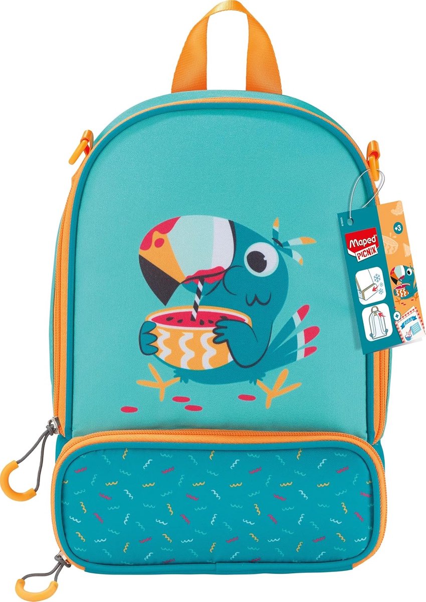 SnelShoppen - Koeltas Toekan Neongroen - Dubbel Vak - Afneembare Schouderriem - Elastiek voor Drinkfles - Ideaal voor Kinderen, School, Picknick en Ui