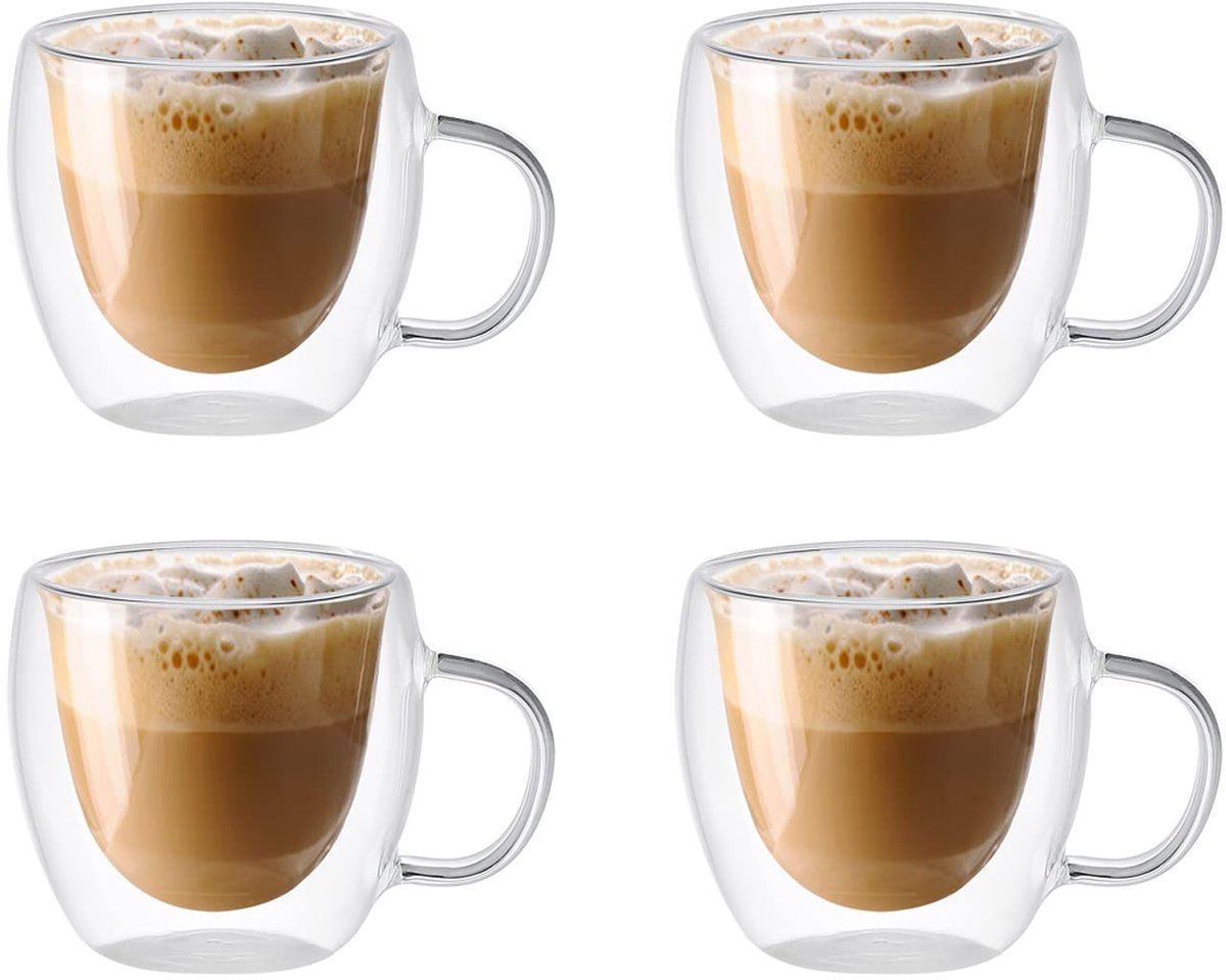 Dailygoods- Koffiekopjes Dubbelwandig - Hittebestendig Borosilicaatglas - 150 ml - Met Handvat - Set van 2 - Temperatuurbestendig - Transparant - Theekopjes