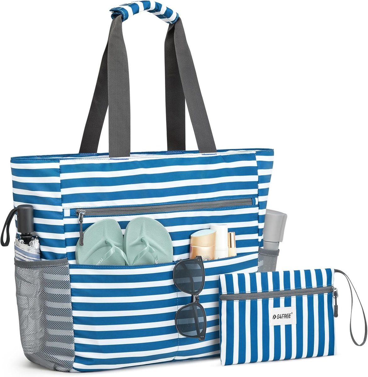 Thijox - Grote Waterdichte Strandtas voor Dames 50L - Zandbestendige Tote met Make-uptas en Ritsvak - Marineblauwe Streep - Perfect voor Strand, Zwemb