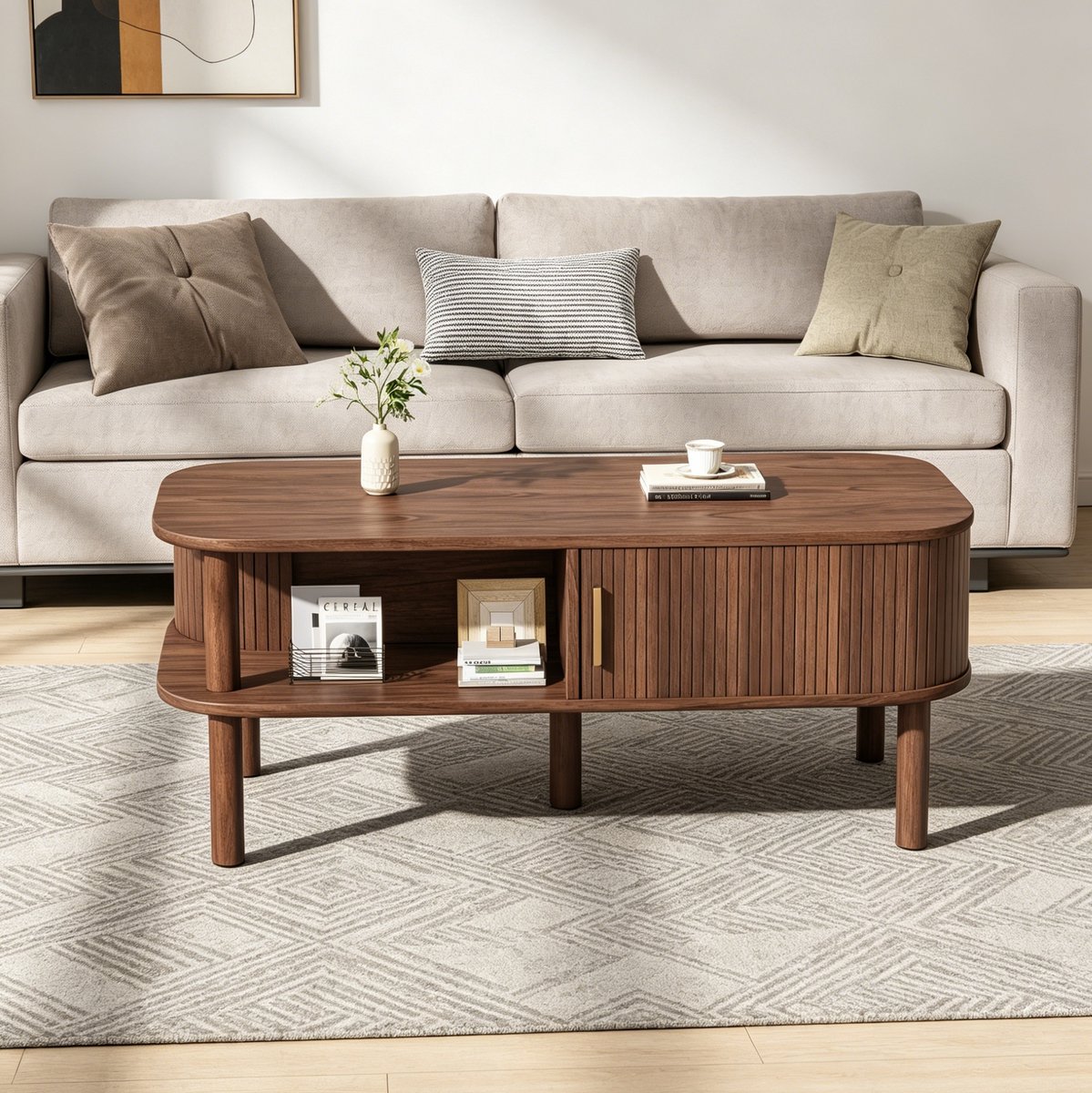 MIVRAY Salontafel - Scandinavisch Ontwerp Met Schuifdeur En Opbergruimte - Voor Woonkamer Of Balkon - MDF In Walnootkleur - 110x55x45 Cm
