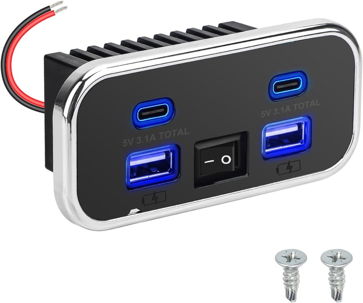 Thijox - 62W Dual USB-A & USB-C Oplader voor Auto, Truck en Marine - 12V/24V Stopcontact Panel met Schakelaar voor Smartphones en Tablets