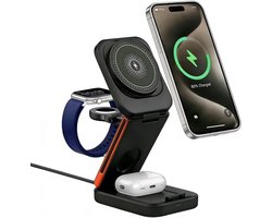 SnelShoppen - 3-in-1 Draadloze Oplader Vouwbaar 15W Snellader Station voor iPhone, Apple Watch en AirPods - Compact Reis Dock met MagSafe Magneten